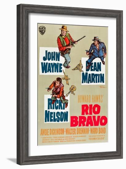 RIO BRAVO, clockwise: John Wayne, Dean Martin, Ricky Nelson on German poster art, 1959.-null-Framed Art Print