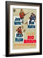 RIO BRAVO, clockwise: John Wayne, Dean Martin, Ricky Nelson on German poster art, 1959.-null-Framed Art Print