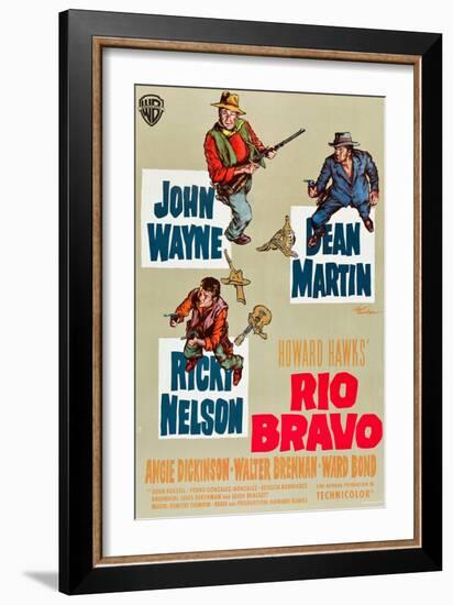 RIO BRAVO, clockwise: John Wayne, Dean Martin, Ricky Nelson on German poster art, 1959.-null-Framed Art Print