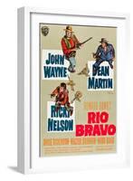 RIO BRAVO, clockwise: John Wayne, Dean Martin, Ricky Nelson on German poster art, 1959.-null-Framed Art Print