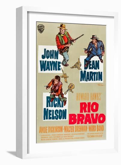 RIO BRAVO, clockwise: John Wayne, Dean Martin, Ricky Nelson on German poster art, 1959.-null-Framed Art Print