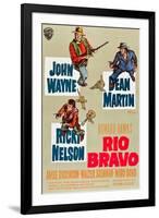 RIO BRAVO, clockwise: John Wayne, Dean Martin, Ricky Nelson on German poster art, 1959.-null-Framed Art Print