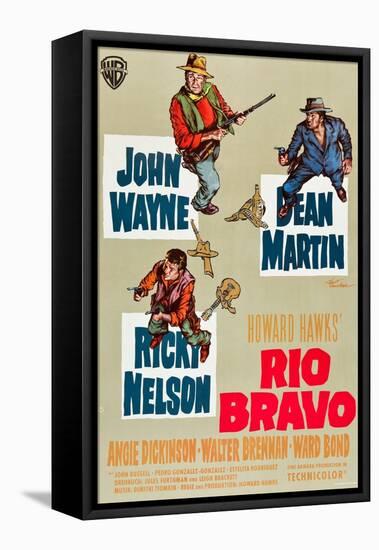 RIO BRAVO, clockwise: John Wayne, Dean Martin, Ricky Nelson on German poster art, 1959.-null-Framed Stretched Canvas
