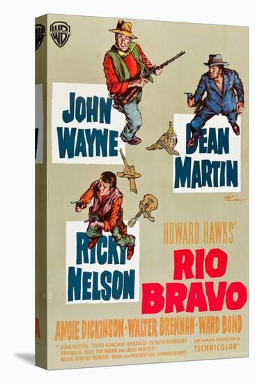 RIO BRAVO, clockwise: John Wayne, Dean Martin, Ricky Nelson on German poster art, 1959.-null-Stretched Canvas