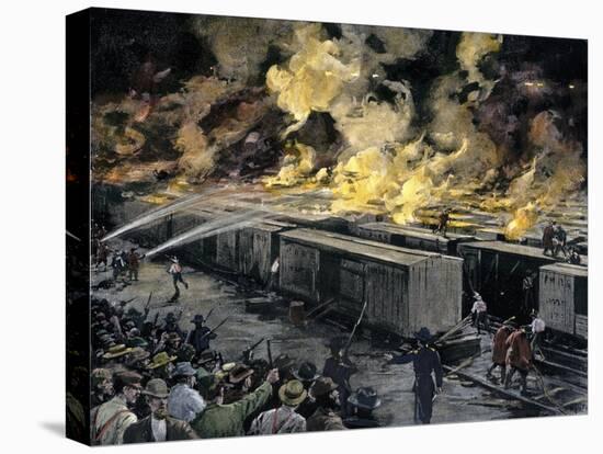 Rioters Burning 600 Freight-Cars during the Pullman Strike, Chicago, c.1894-null-Stretched Canvas