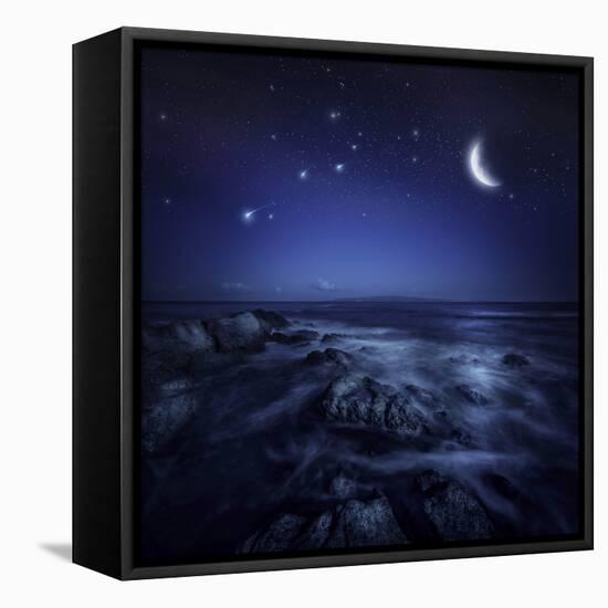 Rising Moon over Ocean and Boulders Against Starry Sky-null-Framed Stretched Canvas