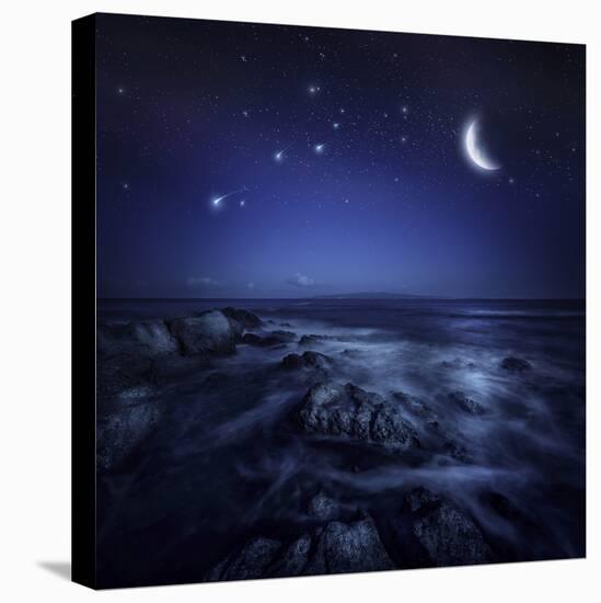 Rising Moon over Ocean and Boulders Against Starry Sky-null-Stretched Canvas