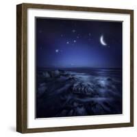 Rising Moon over Ocean and Boulders Against Starry Sky-null-Framed Photographic Print