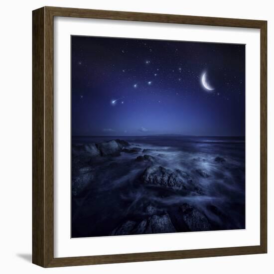 Rising Moon over Ocean and Boulders Against Starry Sky-null-Framed Photographic Print