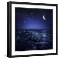 Rising Moon over Ocean and Boulders Against Starry Sky-null-Framed Photographic Print