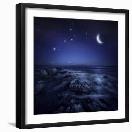 Rising Moon over Ocean and Boulders Against Starry Sky-null-Framed Photographic Print