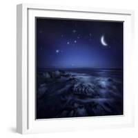 Rising Moon over Ocean and Boulders Against Starry Sky-null-Framed Photographic Print