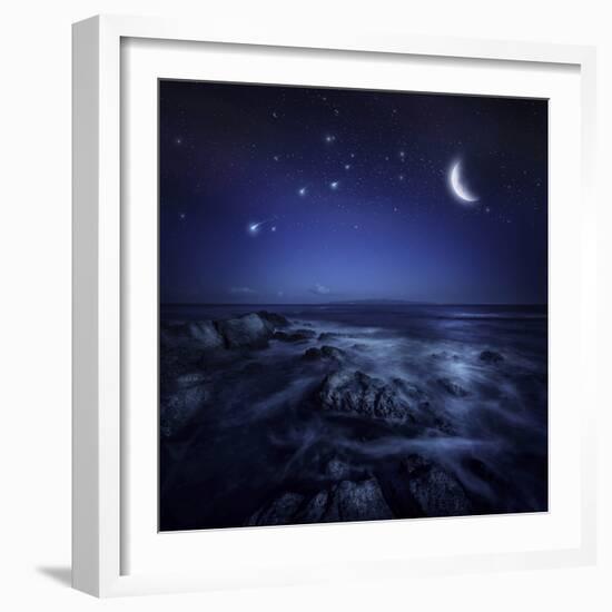 Rising Moon over Ocean and Boulders Against Starry Sky-null-Framed Photographic Print