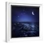 Rising Moon over Ocean and Boulders Against Starry Sky-null-Framed Photographic Print