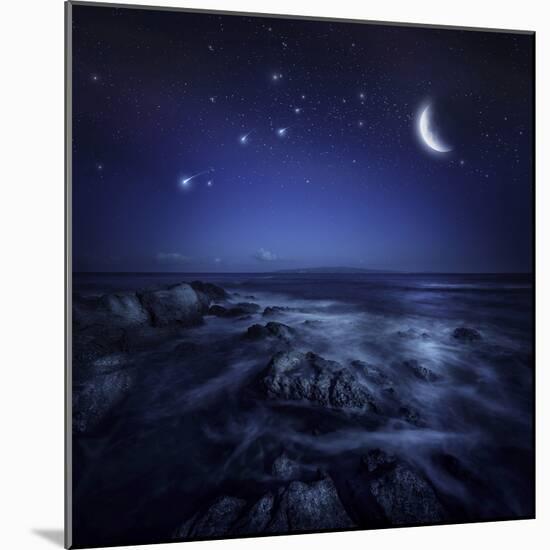 Rising Moon over Ocean and Boulders Against Starry Sky-null-Mounted Photographic Print