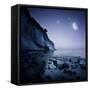 Rising Moon over Ocean and Mountains Against Starry Sky-null-Framed Stretched Canvas