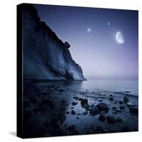 Rising Moon over Ocean and Mountains Against Starry Sky-null-Stretched Canvas