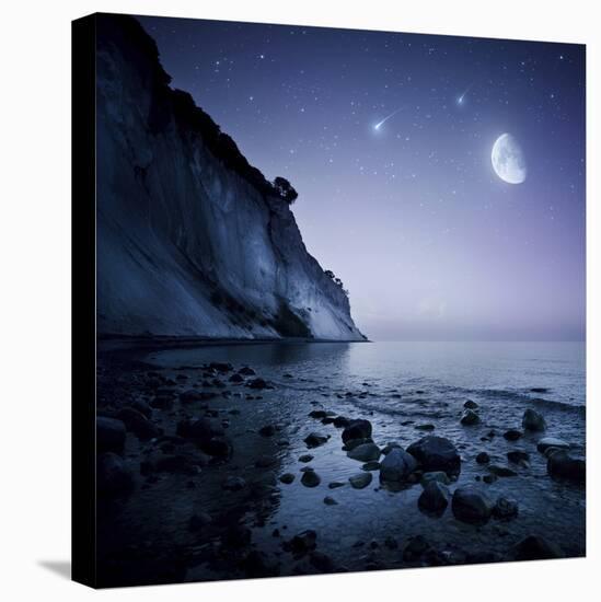 Rising Moon over Ocean and Mountains Against Starry Sky-null-Stretched Canvas