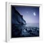 Rising Moon over Ocean and Mountains Against Starry Sky-null-Framed Photographic Print