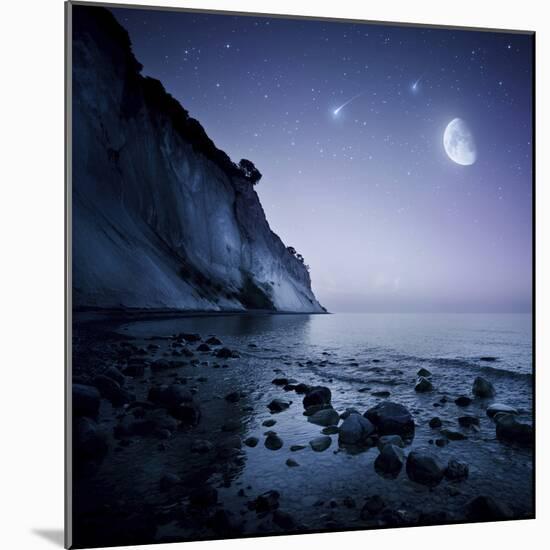 Rising Moon over Ocean and Mountains Against Starry Sky-null-Mounted Photographic Print