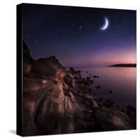 Rising Moon over Ocean and Mountains Against Starry Sky-null-Stretched Canvas