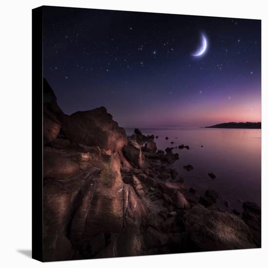 Rising Moon over Ocean and Mountains Against Starry Sky-null-Stretched Canvas