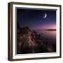 Rising Moon over Ocean and Mountains Against Starry Sky-null-Framed Photographic Print