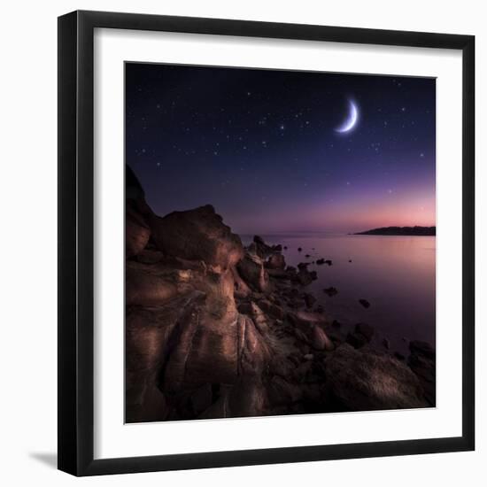 Rising Moon over Ocean and Mountains Against Starry Sky-null-Framed Photographic Print