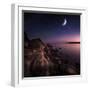 Rising Moon over Ocean and Mountains Against Starry Sky-null-Framed Photographic Print