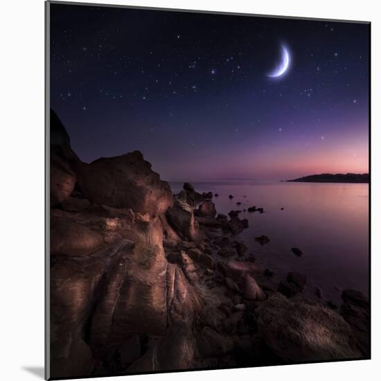 Rising Moon over Ocean and Mountains Against Starry Sky-null-Mounted Photographic Print