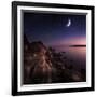 Rising Moon over Ocean and Mountains Against Starry Sky-null-Framed Photographic Print