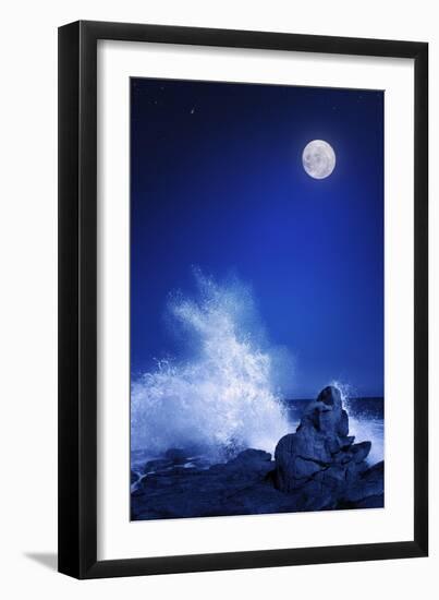Rising Moon over Rocky Coastline at Night (Elements of this Image Furnished by Nasa: Moonmap Http:/-Johan Swanepoel-Framed Art Print