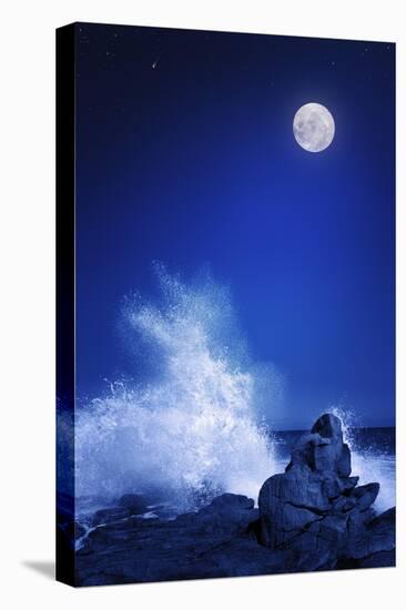 Rising Moon over Rocky Coastline at Night (Elements of this Image Furnished by Nasa: Moonmap Http:/-Johan Swanepoel-Stretched Canvas