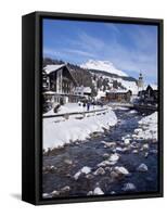 River and Village Church Lech, Near St. Anton Am Arlberg in Winter Snow, Austrian Alps-Peter Barritt-Framed Stretched Canvas