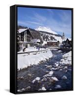 River and Village Church Lech, Near St. Anton Am Arlberg in Winter Snow, Austrian Alps-Peter Barritt-Framed Stretched Canvas