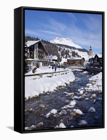 River and Village Church Lech, Near St. Anton Am Arlberg in Winter Snow, Austrian Alps-Peter Barritt-Framed Stretched Canvas