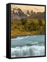 River and Waterfall with Las Torres. Torres Del Paine NP. Chile-Tom Norring-Framed Stretched Canvas