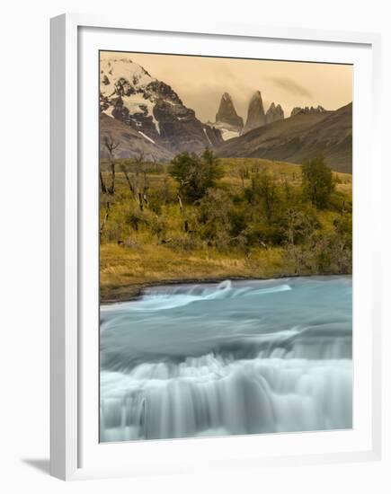 River and Waterfall with Las Torres. Torres Del Paine NP. Chile-Tom Norring-Framed Premium Photographic Print