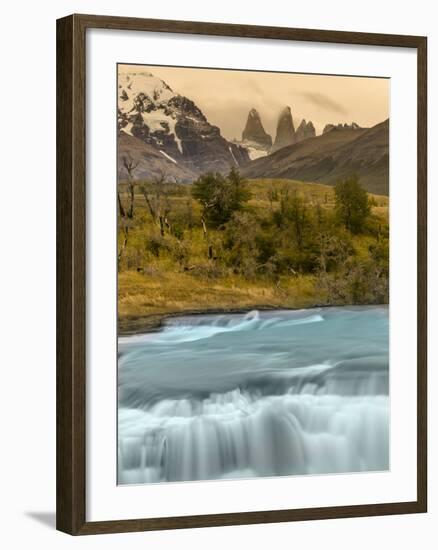 River and Waterfall with Las Torres. Torres Del Paine NP. Chile-Tom Norring-Framed Premium Photographic Print