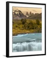 River and Waterfall with Las Torres. Torres Del Paine NP. Chile-Tom Norring-Framed Premium Photographic Print