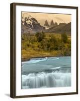 River and Waterfall with Las Torres. Torres Del Paine NP. Chile-Tom Norring-Framed Photographic Print