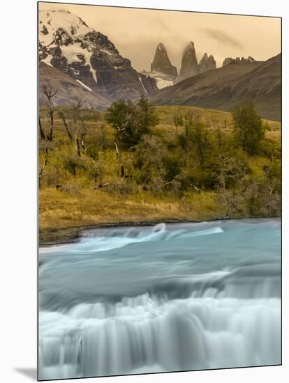 River and Waterfall with Las Torres. Torres Del Paine NP. Chile-Tom Norring-Mounted Photographic Print