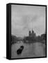 River Barge Churning up the Seine Past Notre Dame Cathedral on a Gloomy Winter Day-Ed Clark-Framed Stretched Canvas
