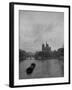 River Barge Churning up the Seine Past Notre Dame Cathedral on a Gloomy Winter Day-Ed Clark-Framed Photographic Print