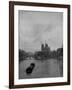 River Barge Churning up the Seine Past Notre Dame Cathedral on a Gloomy Winter Day-Ed Clark-Framed Photographic Print