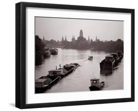 River Barges Coming Down on Chao Phraya River with a View of Wat Chaiwatthanaram, 1980-null-Framed Photographic Print