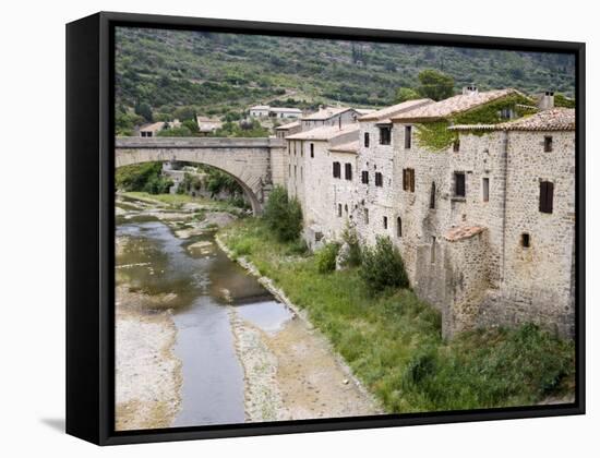 River Bed and Bridge, Lagrasse, Aude, Languedoc-Roussillon, France, Europe-Martin Child-Framed Stretched Canvas