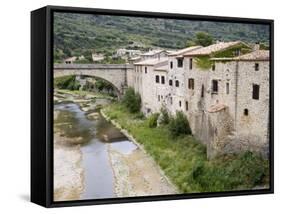 River Bed and Bridge, Lagrasse, Aude, Languedoc-Roussillon, France, Europe-Martin Child-Framed Stretched Canvas