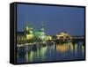 River Elbe and City Skyline at Night at Dresden, Saxony, Germany, Europe-Hans Peter Merten-Framed Stretched Canvas