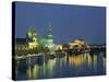 River Elbe and City Skyline at Night at Dresden, Saxony, Germany, Europe-Hans Peter Merten-Stretched Canvas